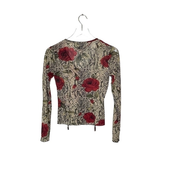 Express Sheer Top Red/Black/Ecru Rose Pattern Front Ties Size S - Picture 8 of 10